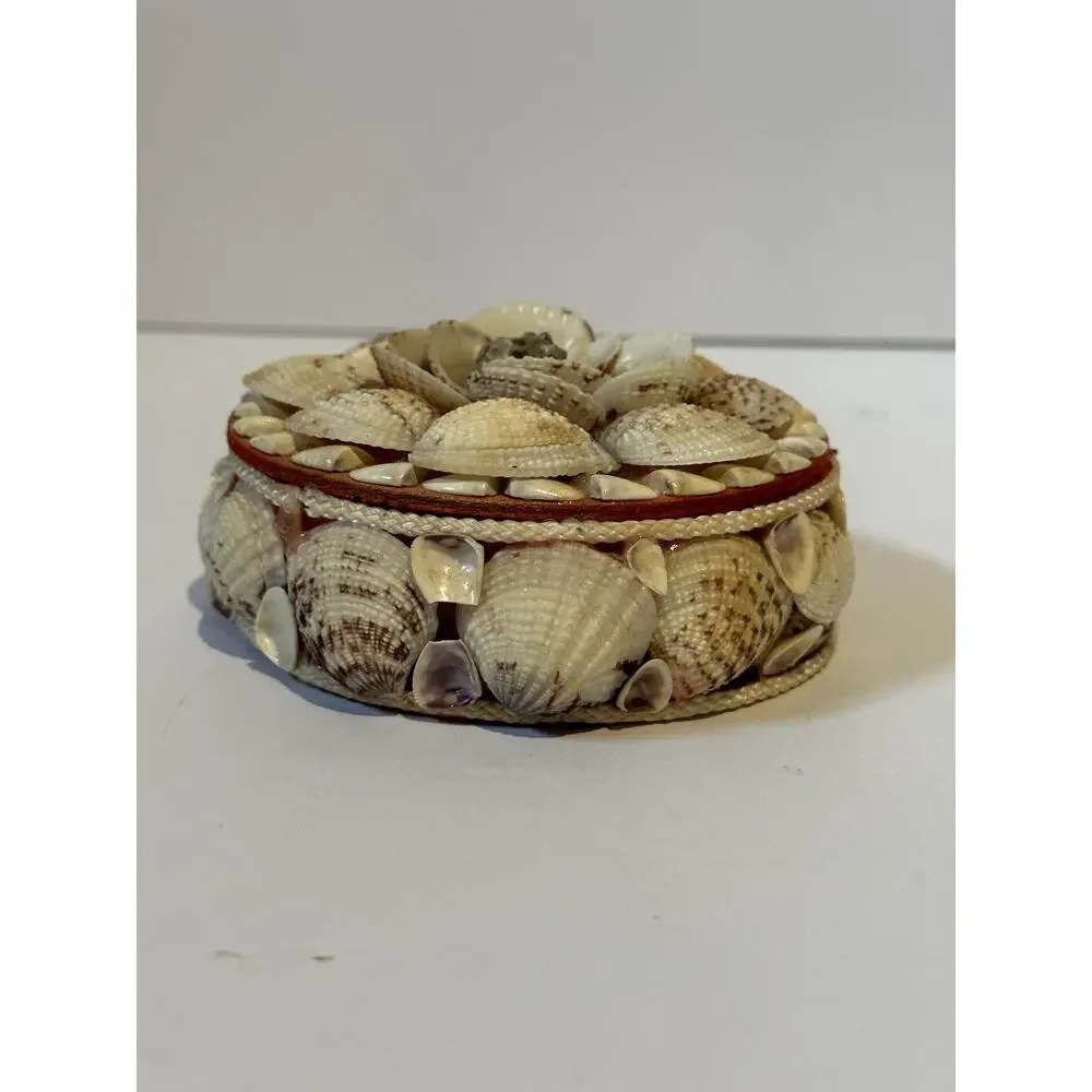 Vintage Seashell Round Trinket Box Red Lined Boho Beach Decore Small Flaws